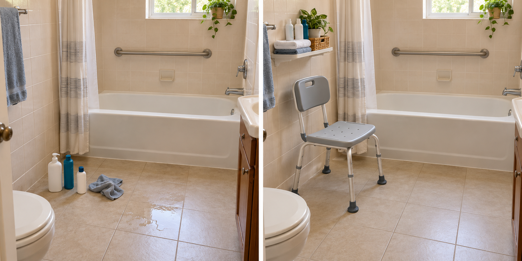 Baño sin preparar: productos y una toalla en el suelo, junto a una zona mojada.